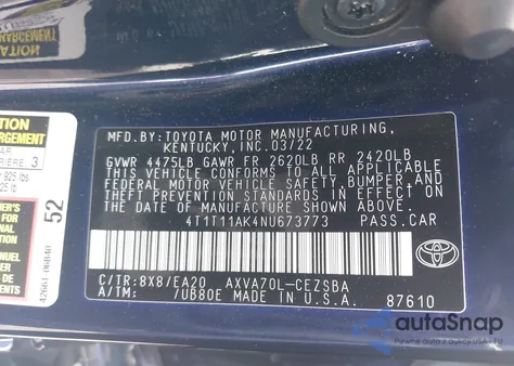 2022 Toyota Camry Se z USA, uszkodzony, nr VIN 4T1T11AK4NU673773